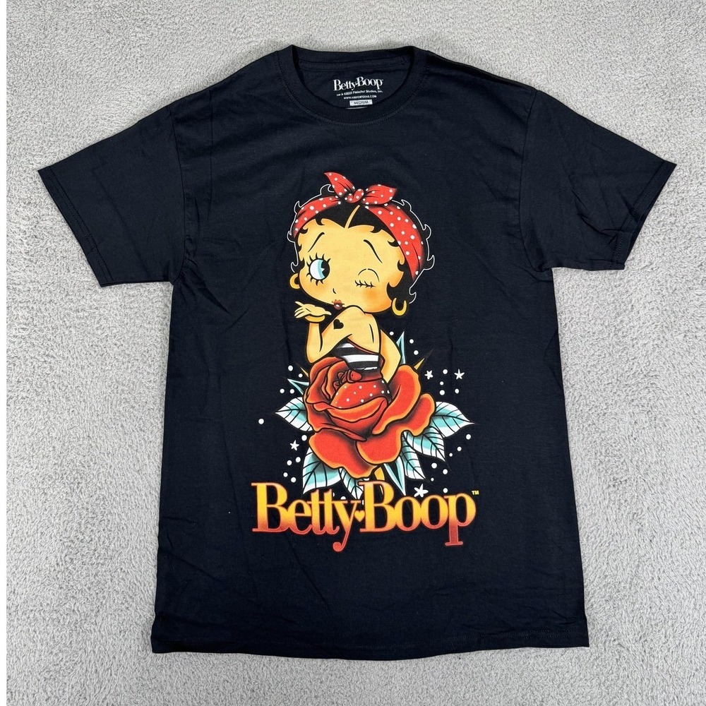 Betty Boop Shirt Mens Medium‎ Black Rose Wink Pin Up Cartoon Graphic Tee 2023